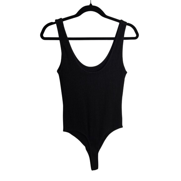 Vince Black Textured Ribbed Knit Thong Bodysuit Scoop Neck Low Cut Back Size M - Picture 2 of 8